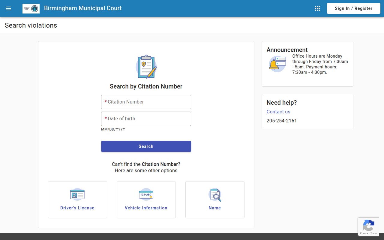 Birmingham Municipal Court website for warrant information