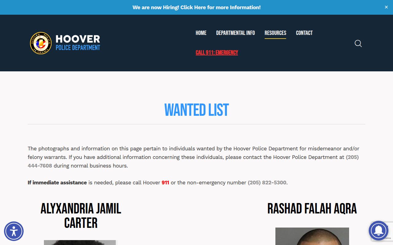 Hoover Municipal Court website for warrant information