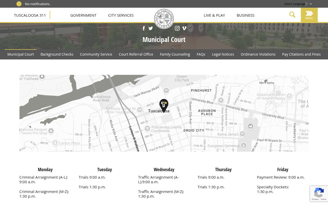 Tuscaloosa Municipal Court website for warrant information