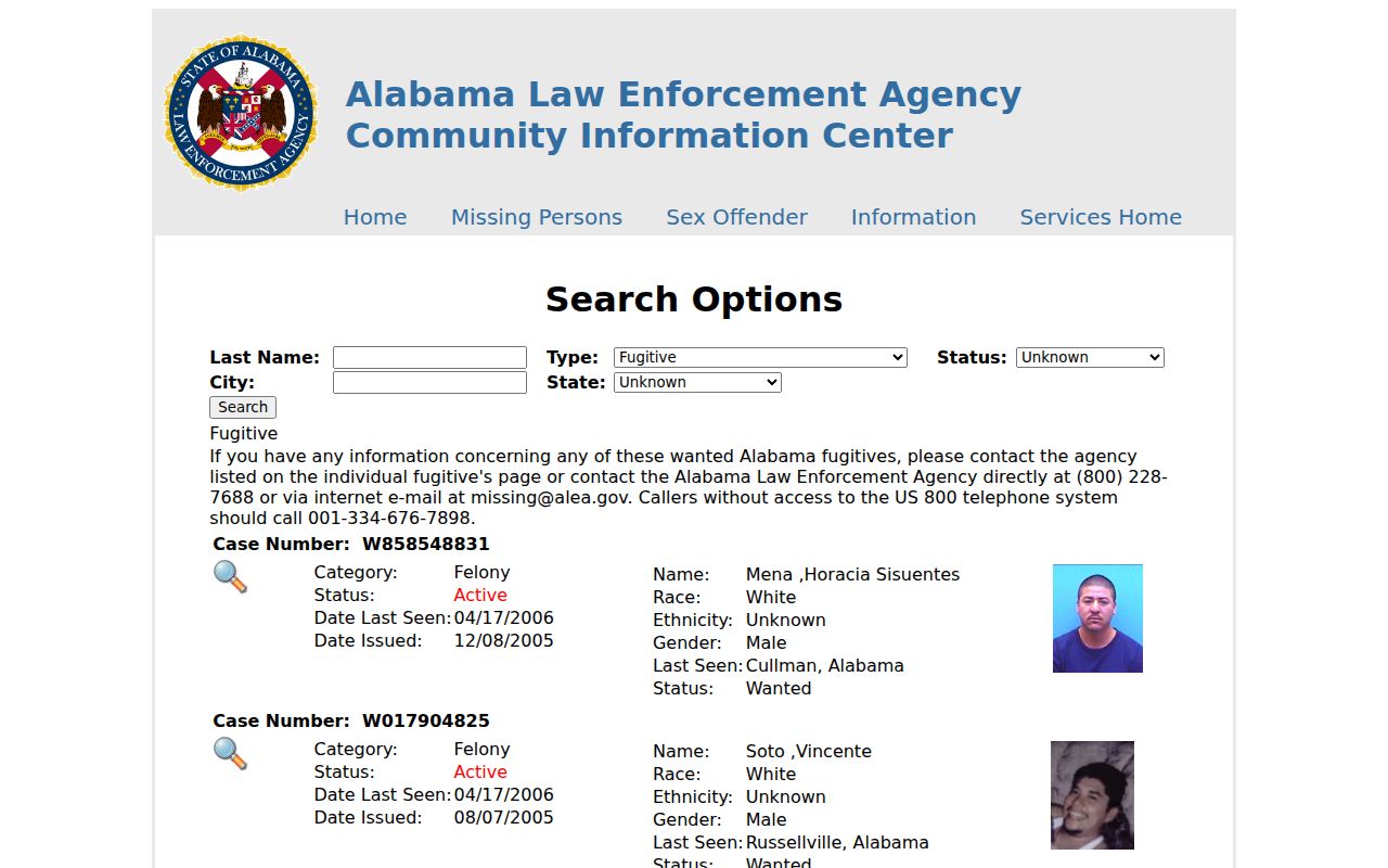 Alabama Law Enforcement Agency fugitive search portal showing active warrant lookups