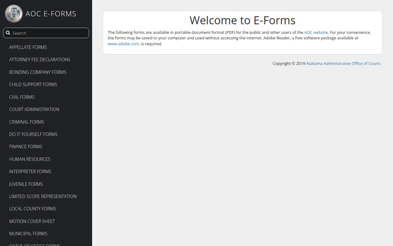 Alabama Court E-Forms portal for downloading official court forms